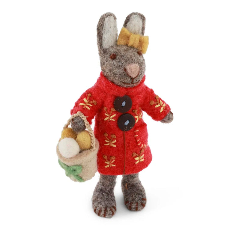 Grauer Osterhase Filz mit rotem Mantel & Korb (2026) - Ostern Anhänger Filz (Gry & Sif)