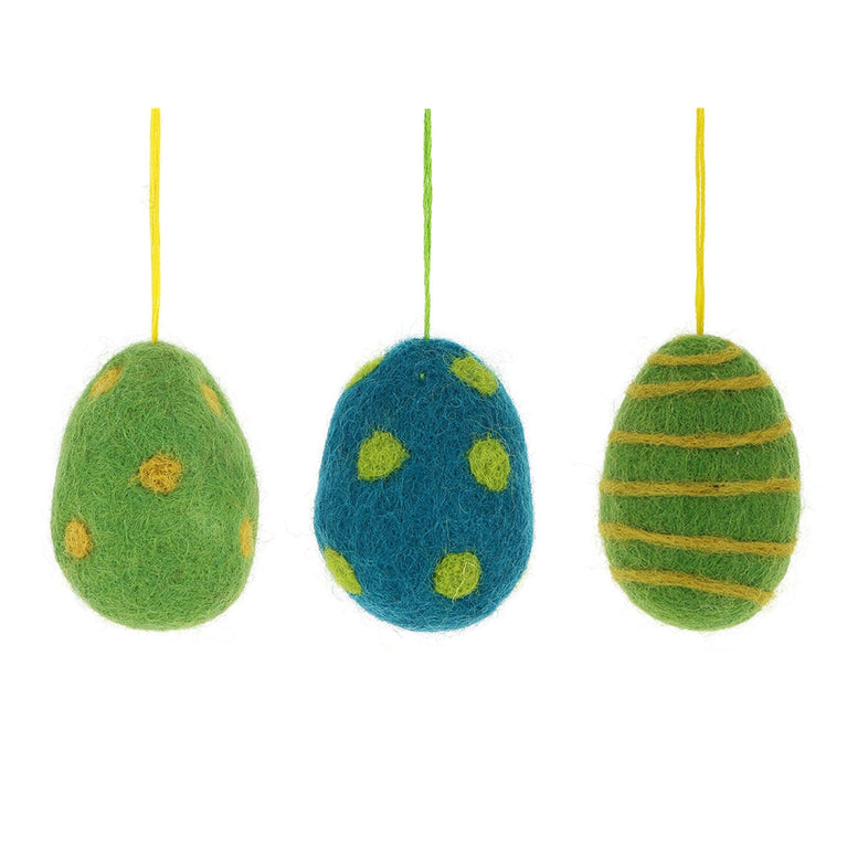 große Ostereier im 3er- oder 5er-Set (6,5cm) blau-grün / orange-gelb / grün-türkis, Filz, Ostern-Deko - Anhänger (Globo Fair Trade)