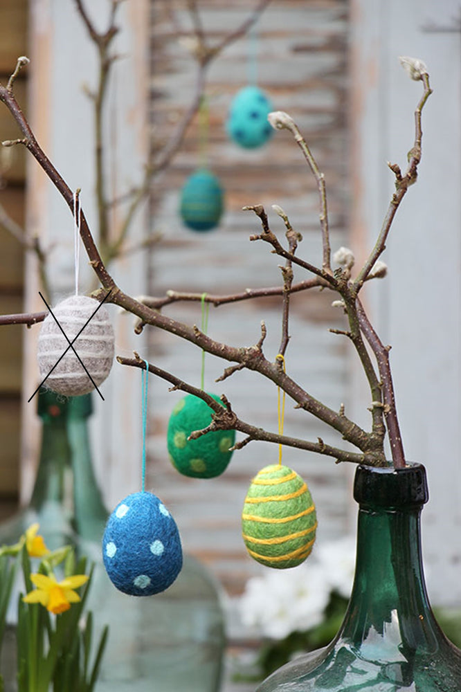 große Ostereier im 3er- oder 5er-Set (6,5cm) blau-grün / orange-gelb / grün-türkis, Filz, Ostern-Deko - Anhänger (Globo Fair Trade)