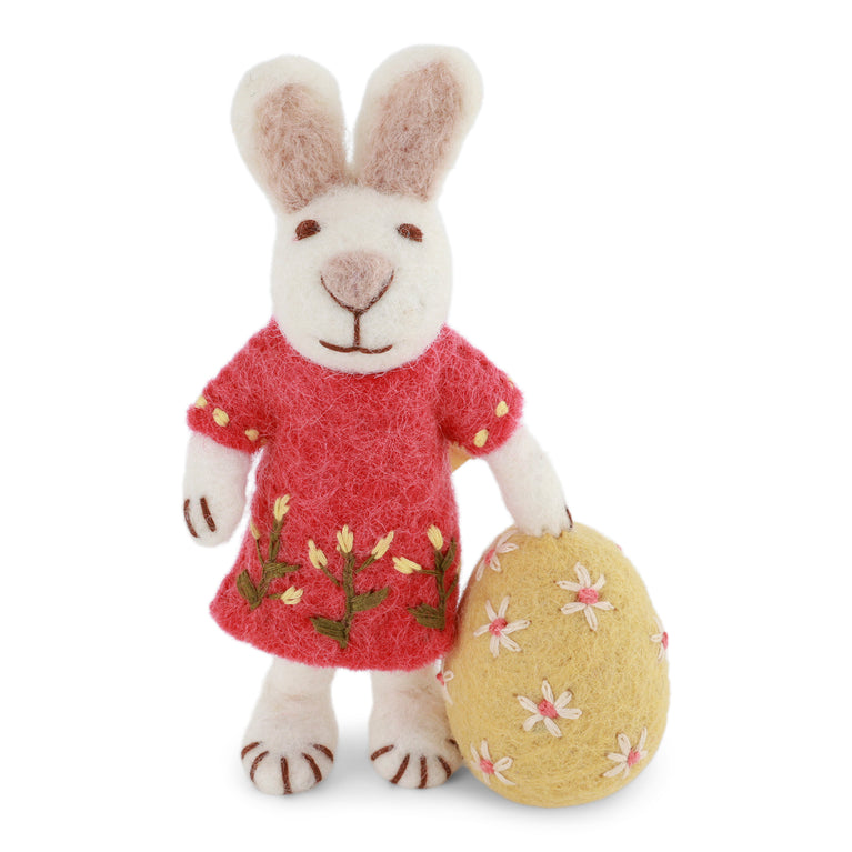 Weißer Osterhase Filz mit melone-rotem Kleid & großem Ei - Ostern Anhänger Filz (Gry & Sif)