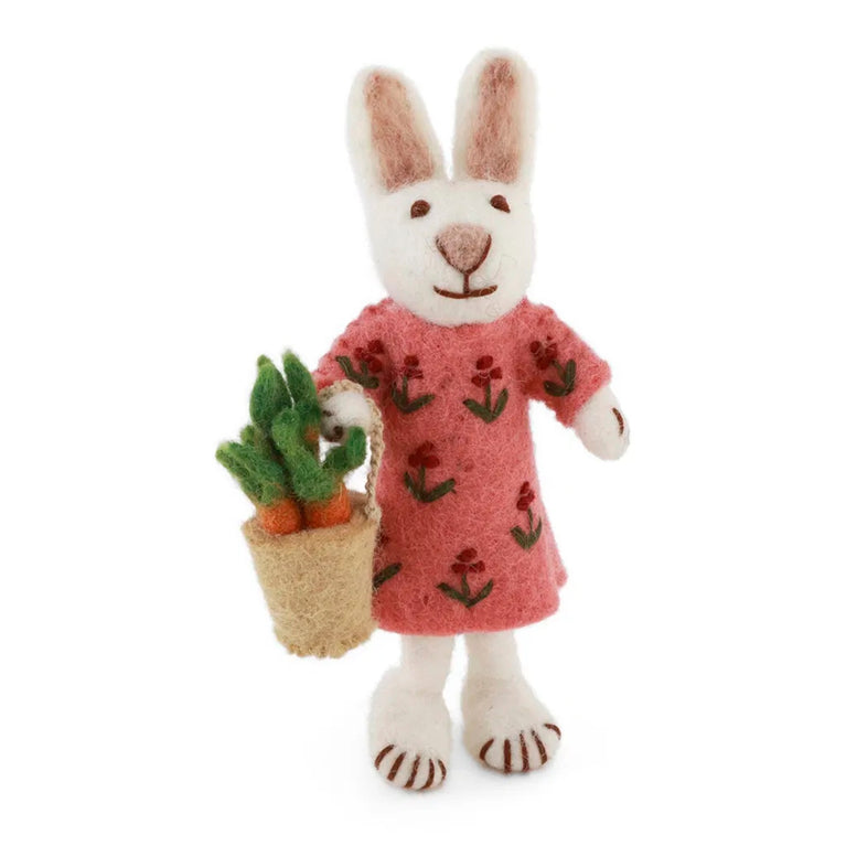 Weißer Osterhase Filz mit rotem Kleid & Karottenkorb (2026) - Ostern Anhänger Filz (Gry & Sif)